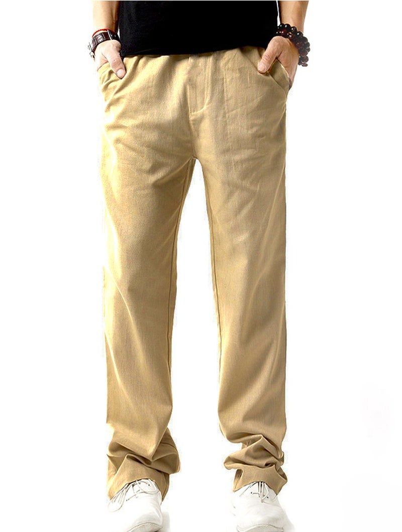 SIR7 Men's Linen Casual Lightweight Drawstrintg Elastic Waist Summer Beach Pants Khaki Medium - Image 2